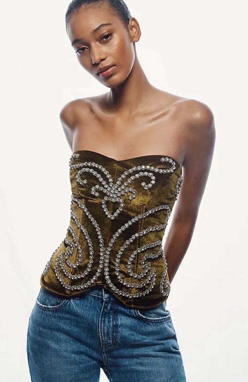 NWT OLLARI Anthropologie Velvet Crystal Corset Top XL Green Gold Strapless